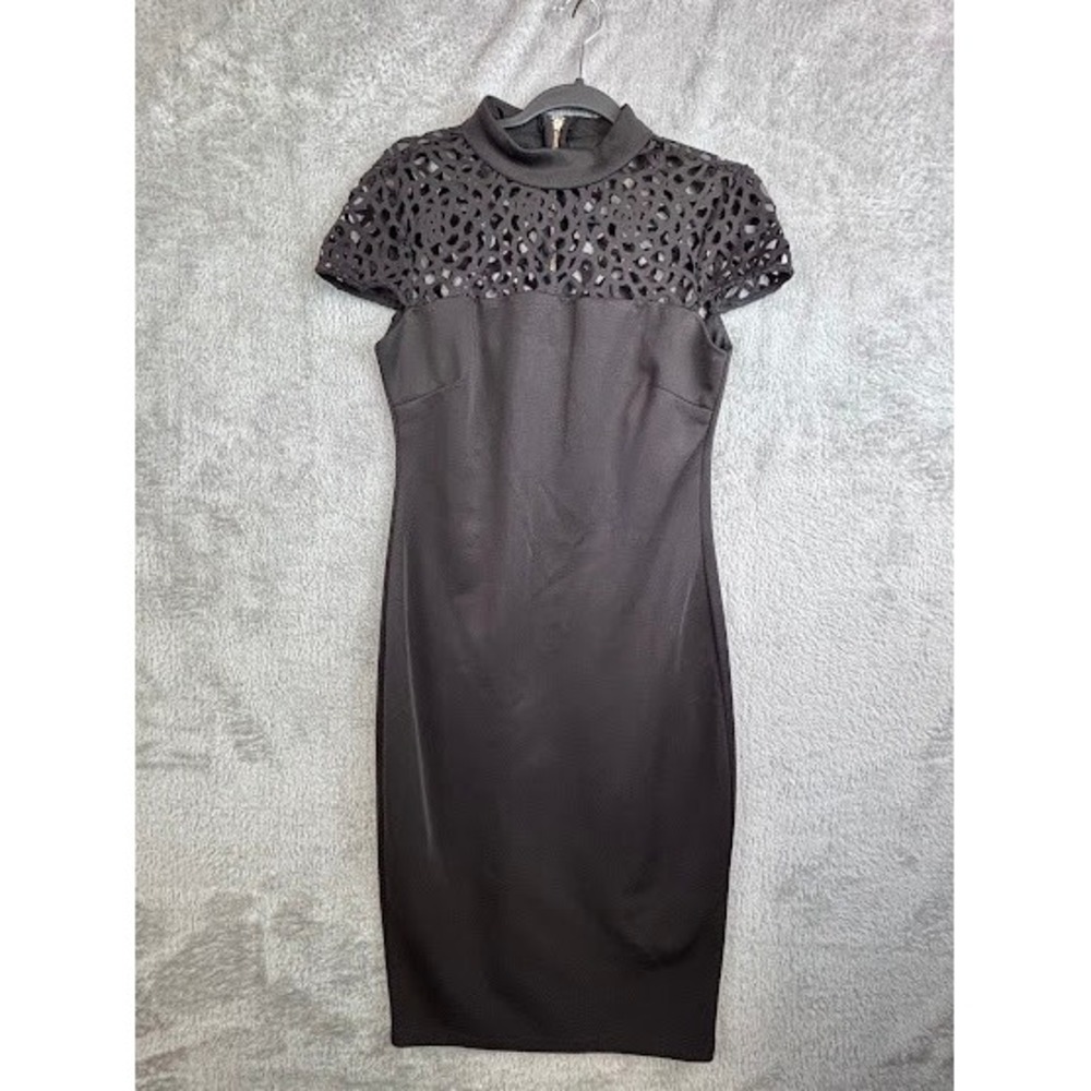 Premier Amour Black Dress Bodycon Mock‎ Neck Laser Cut Short Sleeve Party